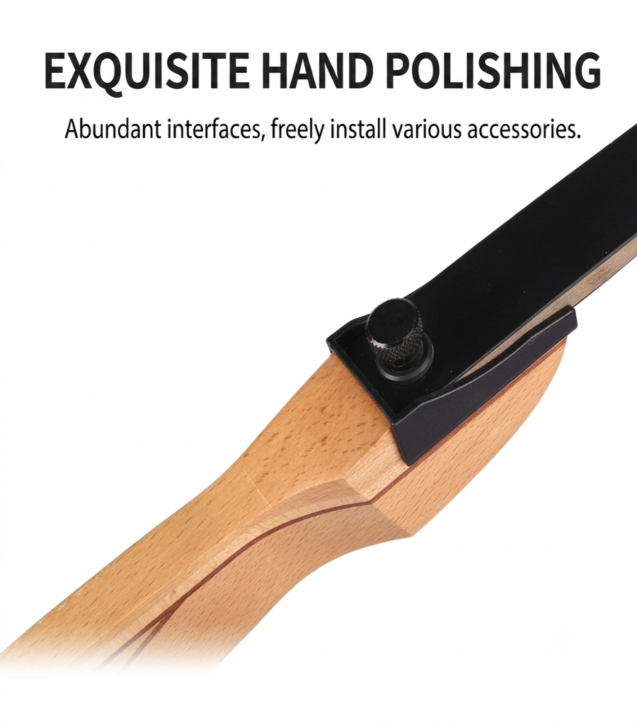 Close-up of a hand-polished wooden knife handle with a black metal bolster and thumb screw, with text reading 'EXQUISITE HAND POLISHING' above on a white background.