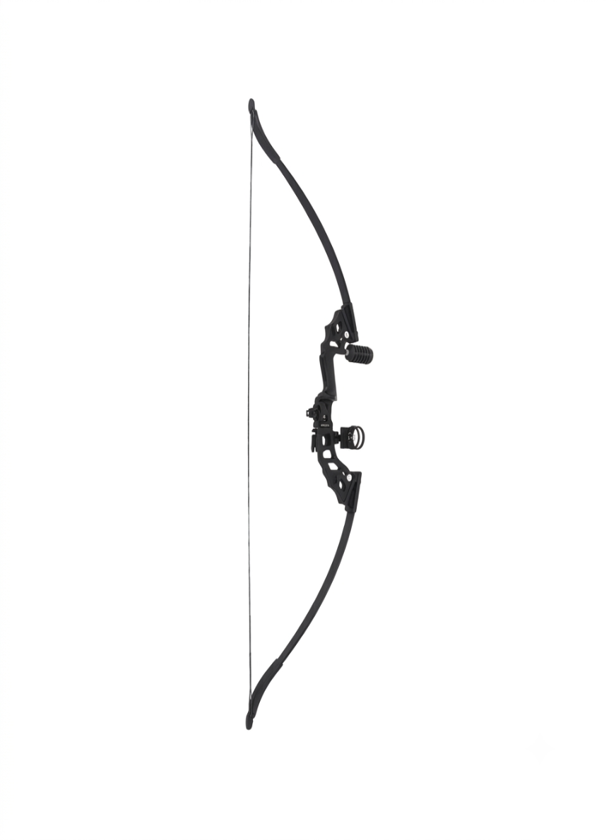 A black compound bow with a thin string, shown vertically against a plain white background.