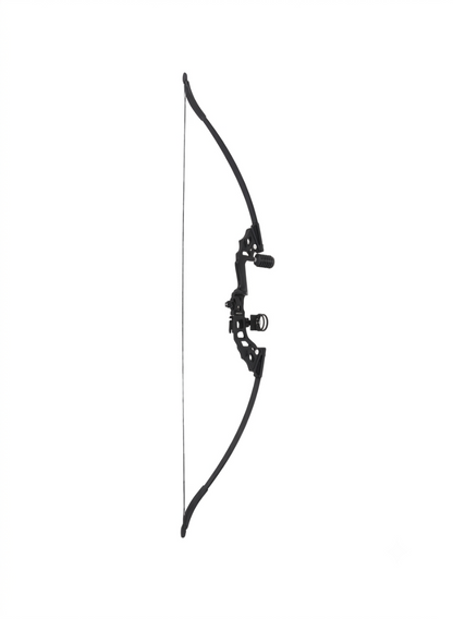 A black compound bow with a thin string, shown vertically against a plain white background.
